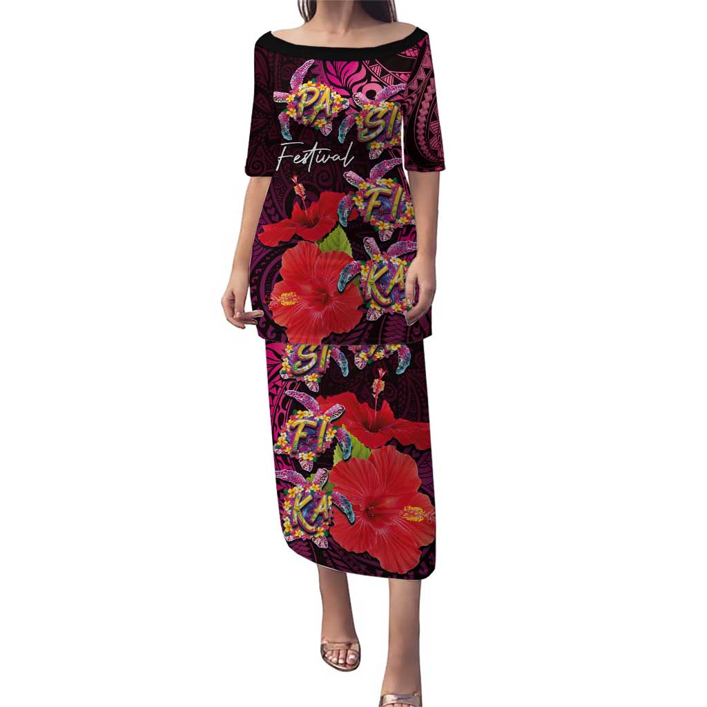 Pasifika Festival Puletasi Plumeria Turtles with Hibiscus - Polynesian Art Tattoo Pink Color LT03 Long Dress Pink - Polynesian Pride