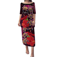 Pasifika Festival Puletasi Plumeria Turtles with Hibiscus - Polynesian Art Tattoo Pink Color LT03 Long Dress Pink - Polynesian Pride