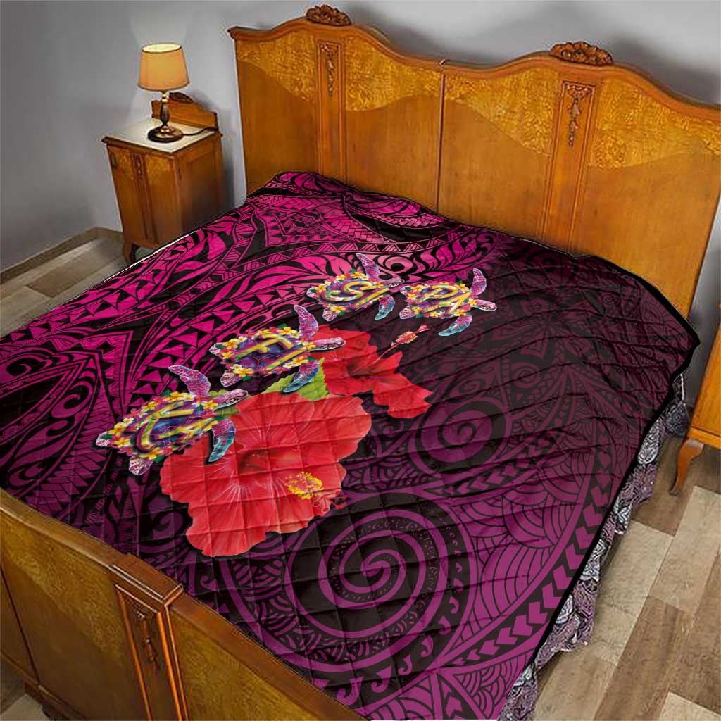 Pasifika Festival Quilt Plumeria Turtles with Hibiscus - Polynesian Art Tattoo Pink Color LT03 - Polynesian Pride