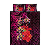 Pasifika Festival Quilt Bed Set Plumeria Turtles with Hibiscus - Polynesian Art Tattoo Pink Color LT03 - Polynesian Pride