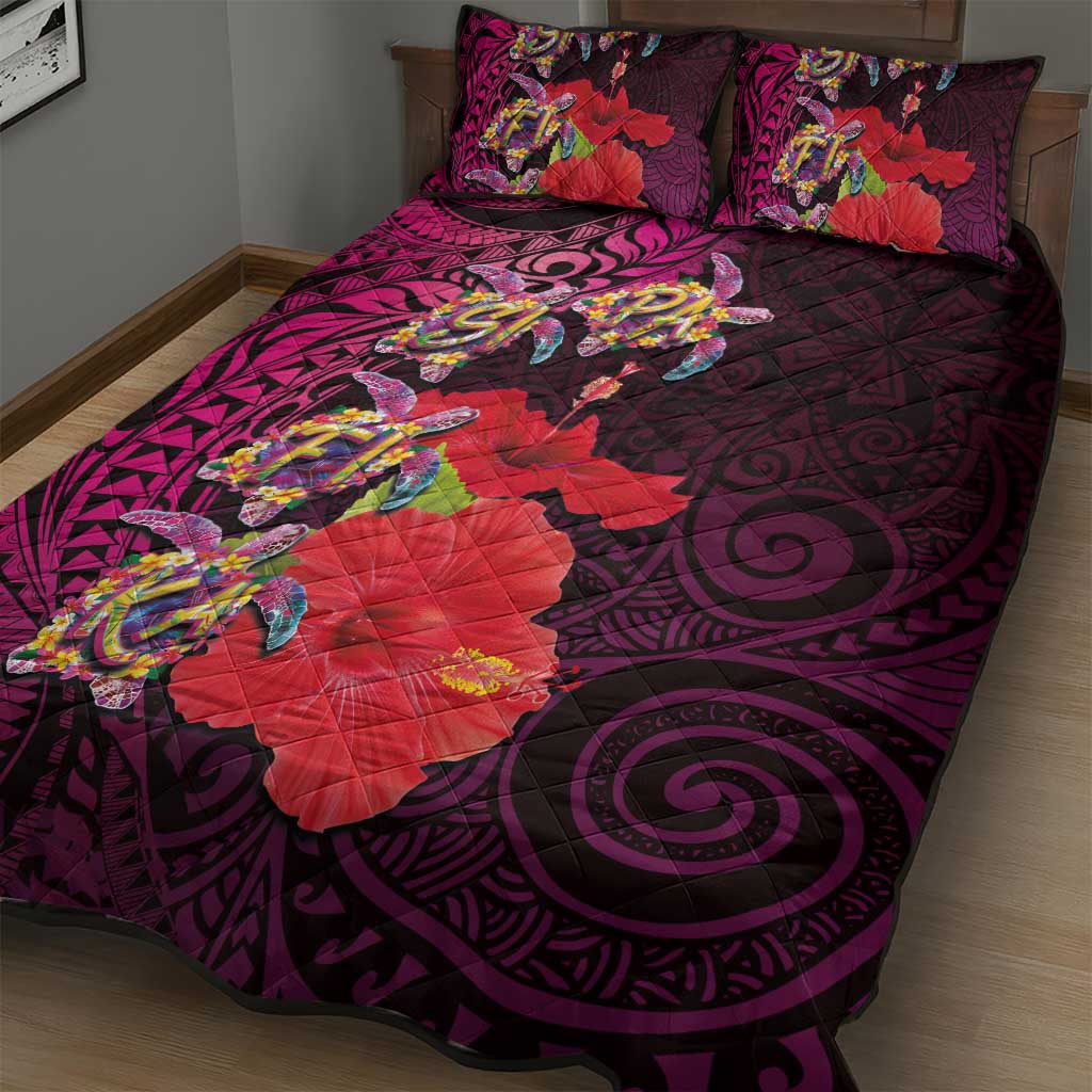 Pasifika Festival Quilt Bed Set Plumeria Turtles with Hibiscus - Polynesian Art Tattoo Pink Color LT03 - Polynesian Pride