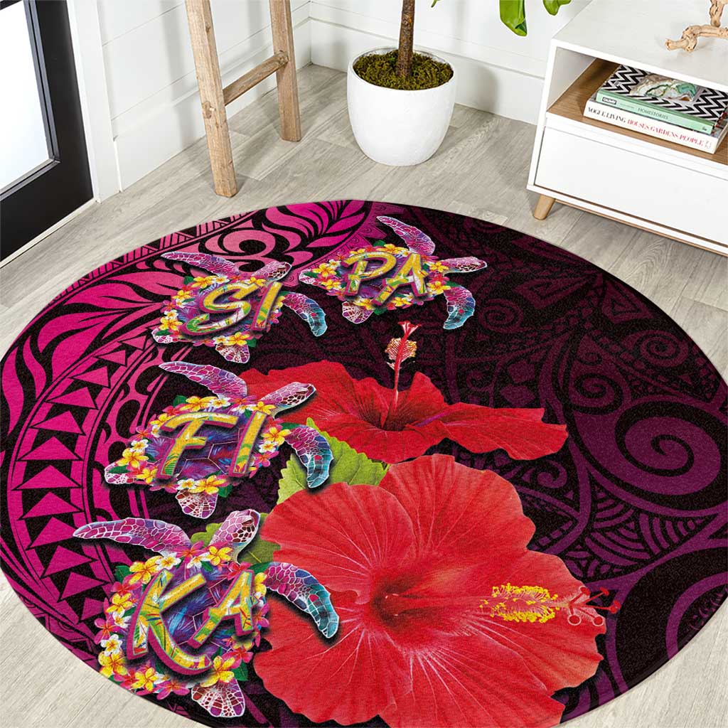 Pasifika Festival Round Carpet Plumeria Turtles with Hibiscus - Polynesian Art Tattoo Pink Color LT03 Pink - Polynesian Pride