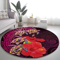 Pasifika Festival Round Carpet Plumeria Turtles with Hibiscus - Polynesian Art Tattoo Pink Color LT03 - Polynesian Pride