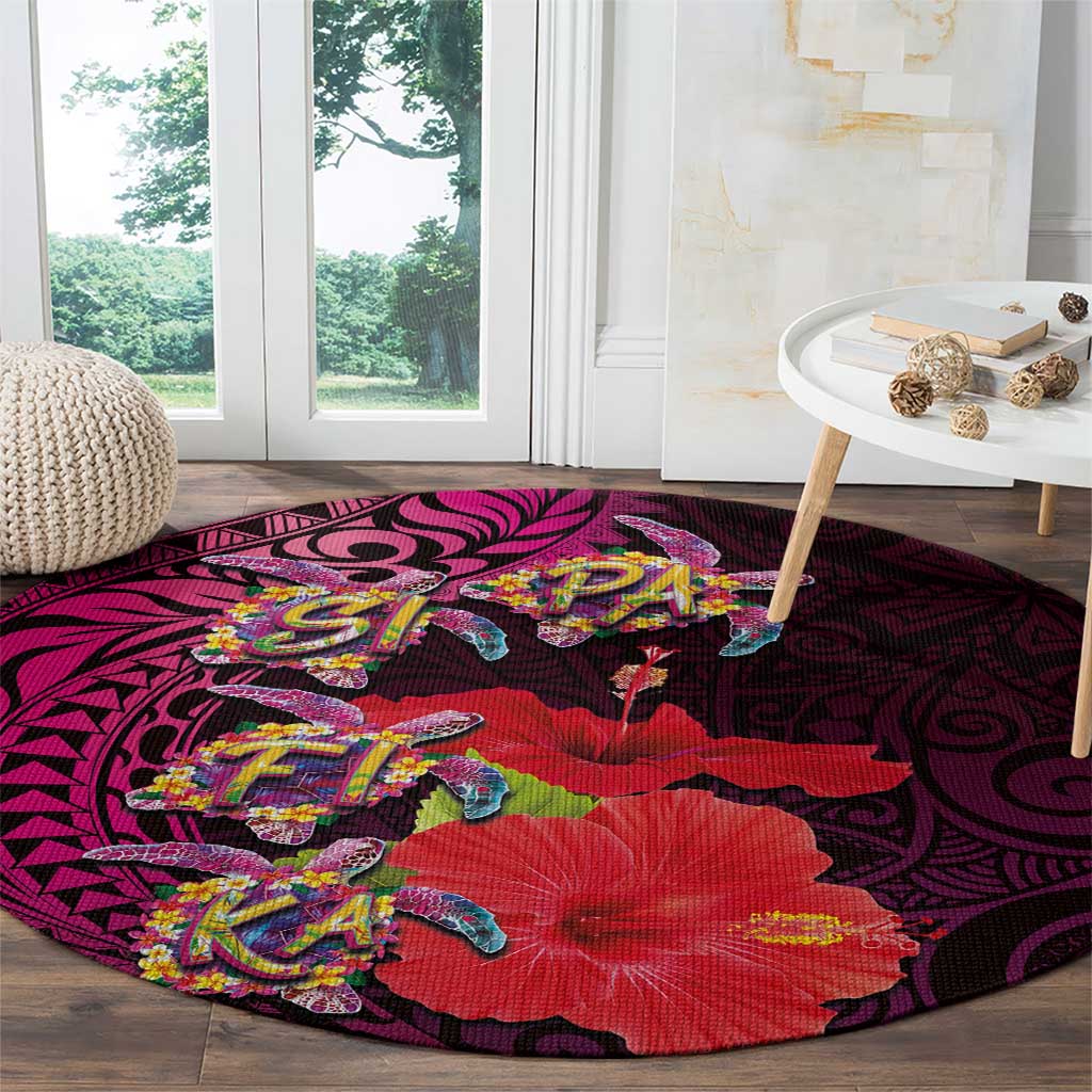 Pasifika Festival Round Carpet Plumeria Turtles with Hibiscus - Polynesian Art Tattoo Pink Color LT03 - Polynesian Pride