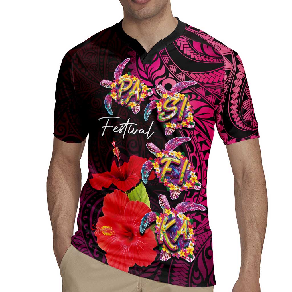 Pasifika Festival Rugby Jersey Plumeria Turtles with Hibiscus - Polynesian Art Tattoo Pink Color LT03 - Polynesian Pride