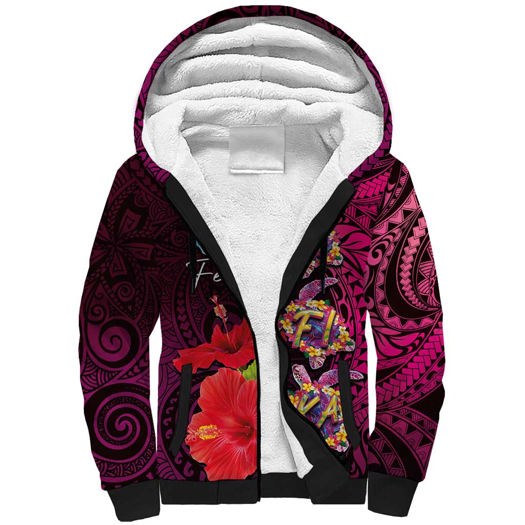 Pasifika Festival Sherpa Hoodie Plumeria Turtles with Hibiscus - Polynesian Art Tattoo Pink Color LT03 Unisex Pink - Polynesian Pride
