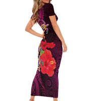 Pasifika Festival Short Sleeve Bodycon Dress Plumeria Turtles with Hibiscus - Polynesian Art Tattoo Pink Color LT03 - Polynesian Pride