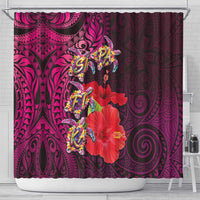 Pasifika Festival Shower Curtain Plumeria Turtles with Hibiscus - Polynesian Art Tattoo Pink Color LT03 - Polynesian Pride