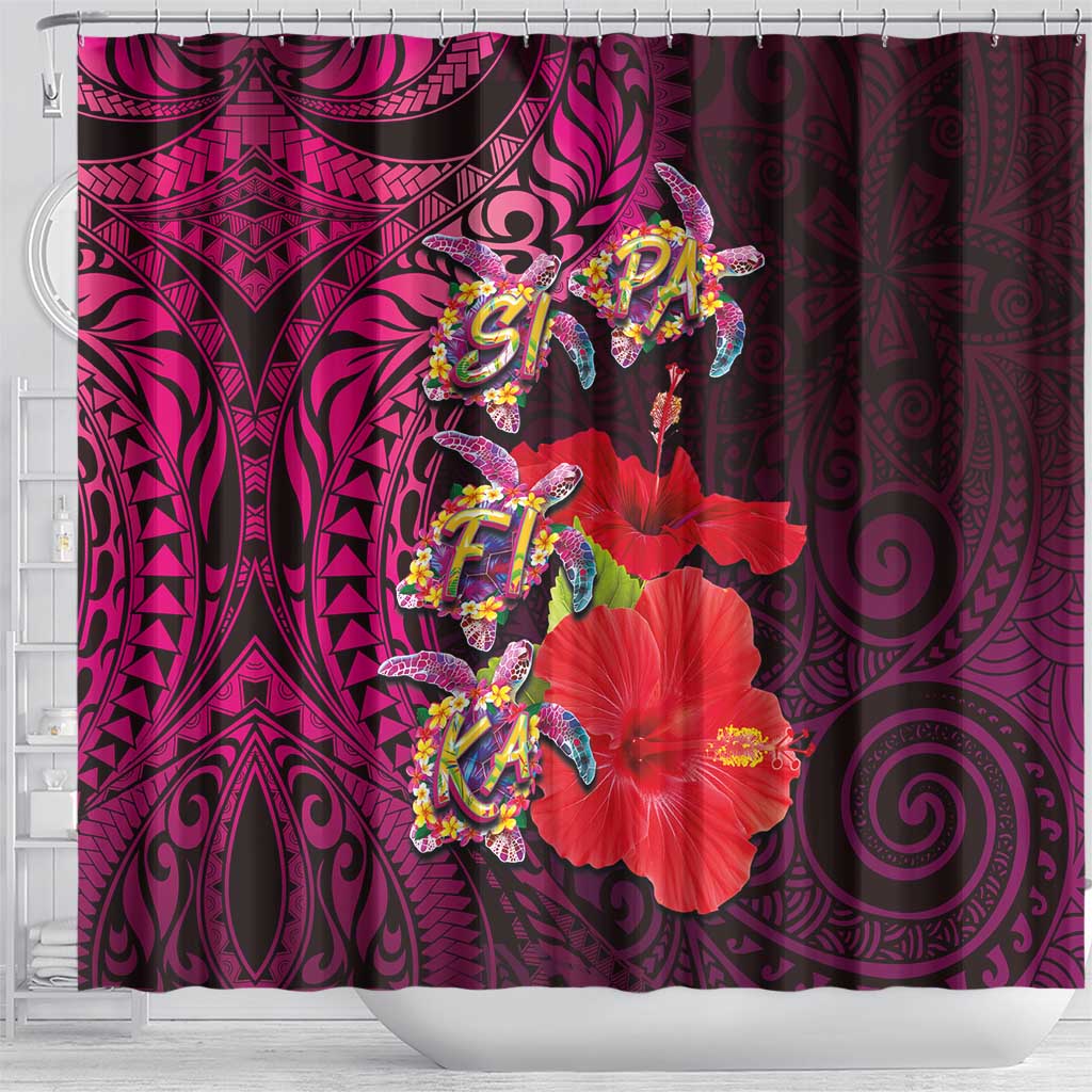 Pasifika Festival Shower Curtain Plumeria Turtles with Hibiscus - Polynesian Art Tattoo Pink Color LT03 - Polynesian Pride