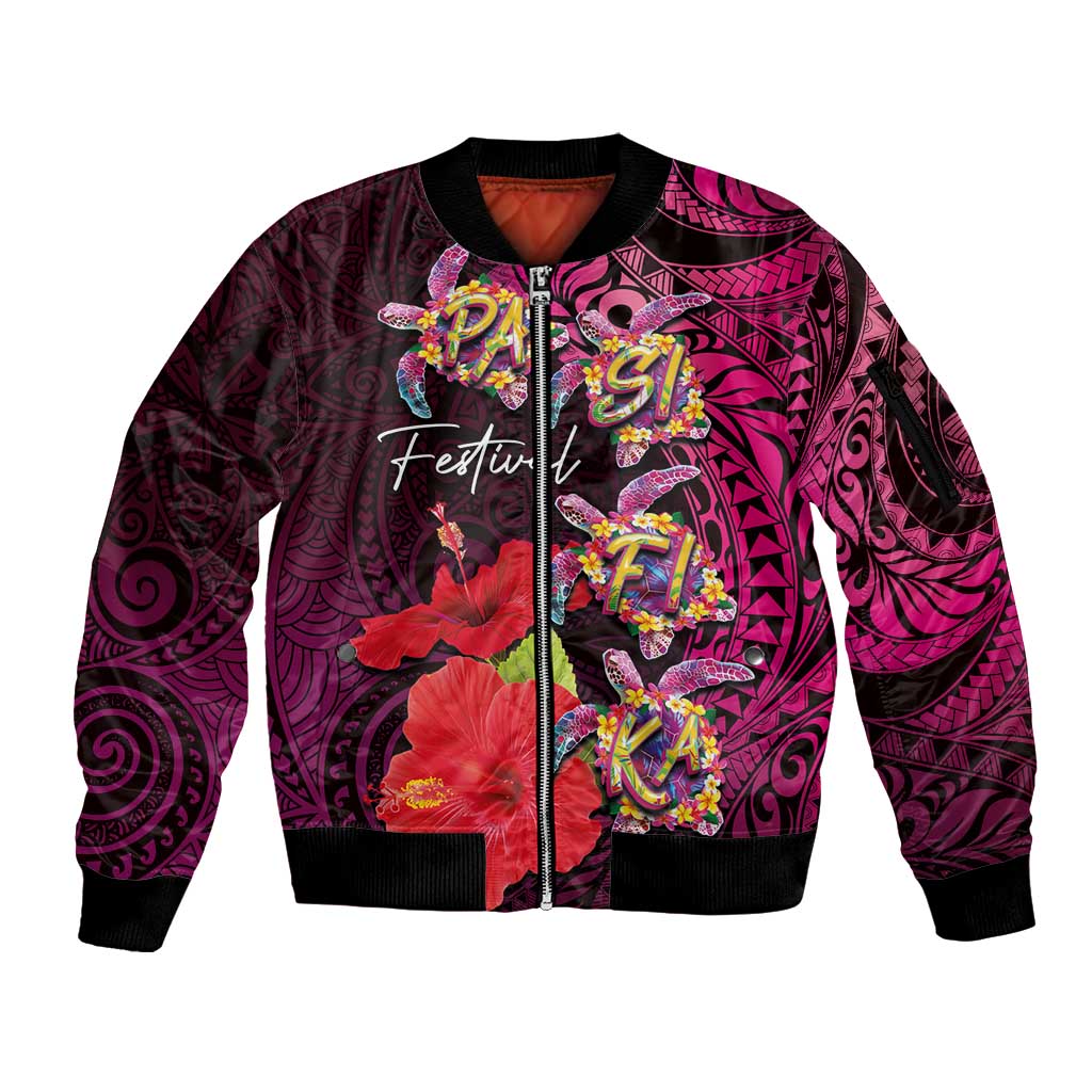 Pasifika Festival Sleeve Zip Bomber Jacket Plumeria Turtles with Hibiscus - Polynesian Art Tattoo Pink Color LT03 Unisex Pink - Polynesian Pride