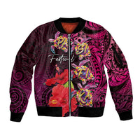 Pasifika Festival Sleeve Zip Bomber Jacket Plumeria Turtles with Hibiscus - Polynesian Art Tattoo Pink Color LT03 Unisex Pink - Polynesian Pride