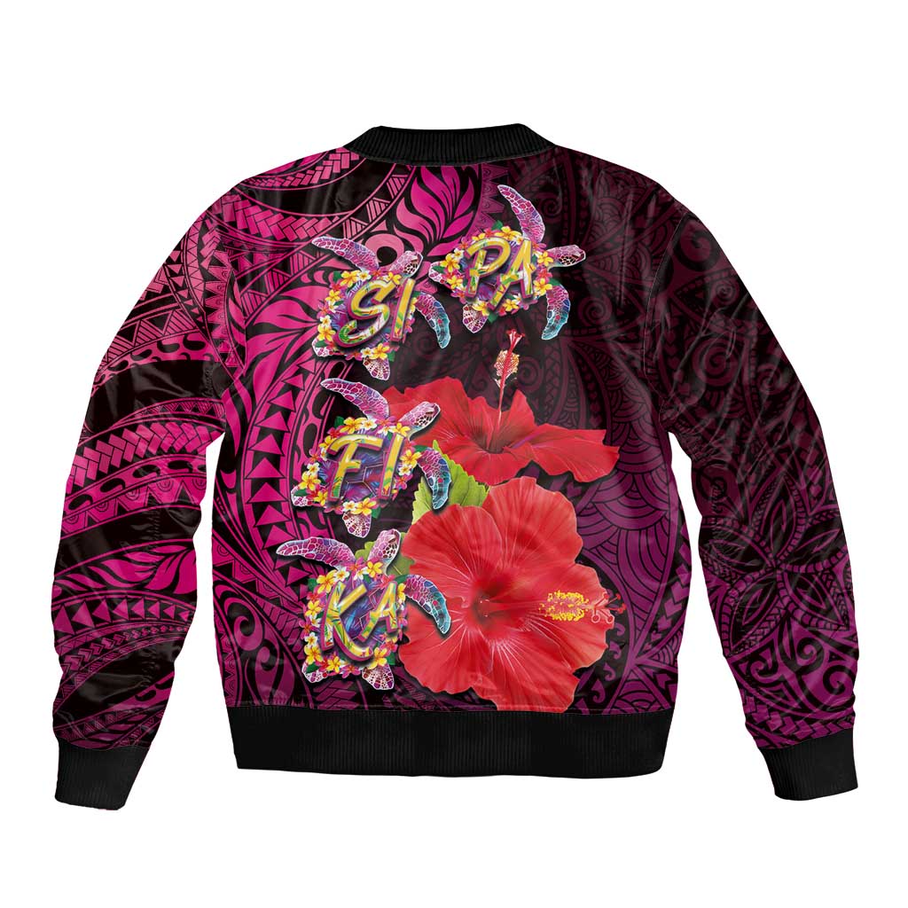 Pasifika Festival Sleeve Zip Bomber Jacket Plumeria Turtles with Hibiscus - Polynesian Art Tattoo Pink Color LT03 - Polynesian Pride