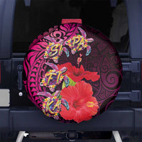 Pasifika Festival Spare Tire Cover Plumeria Turtles with Hibiscus - Polynesian Art Tattoo Pink Color LT03 - Polynesian Pride