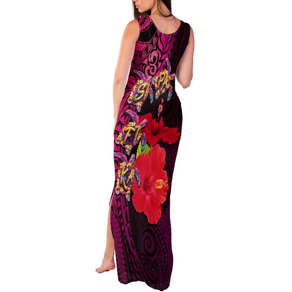 Pasifika Festival Tank Maxi Dress Plumeria Turtles with Hibiscus - Polynesian Art Tattoo Pink Color LT03 - Polynesian Pride