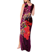 Pasifika Festival Tank Maxi Dress Plumeria Turtles with Hibiscus - Polynesian Art Tattoo Pink Color LT03 - Polynesian Pride