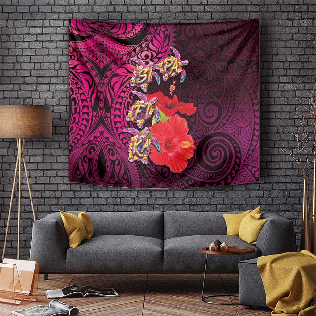 Pasifika Festival Tapestry Plumeria Turtles with Hibiscus - Polynesian Art Tattoo Pink Color LT03 Pink - Polynesian Pride