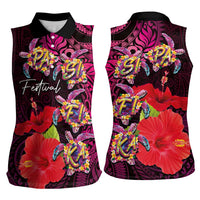 Pasifika Festival Women Sleeveless Polo Shirt Plumeria Turtles with Hibiscus - Polynesian Art Tattoo Pink Color LT03 - Polynesian Pride