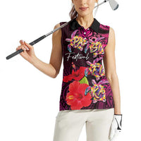 Pasifika Festival Women Sleeveless Polo Shirt Plumeria Turtles with Hibiscus - Polynesian Art Tattoo Pink Color LT03 - Polynesian Pride