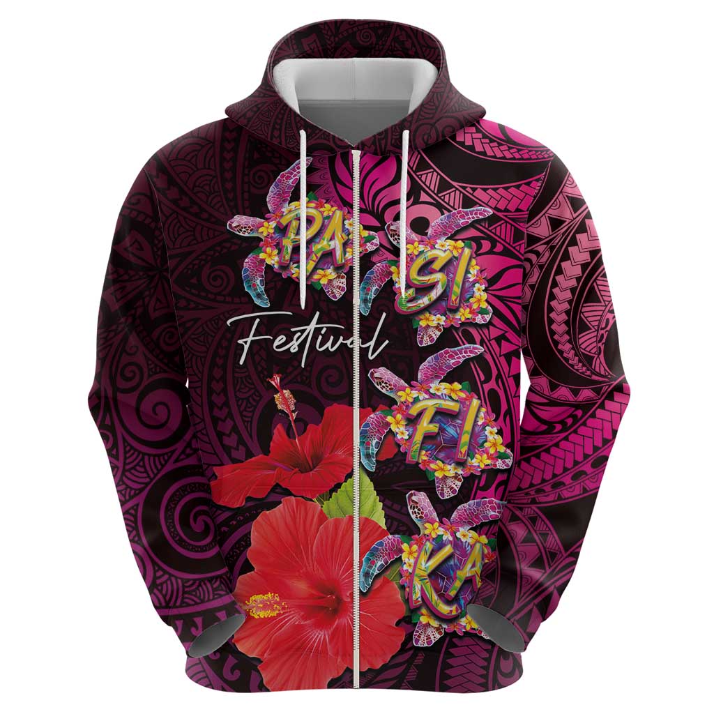 Pasifika Festival Zip Hoodie Plumeria Turtles with Hibiscus - Polynesian Art Tattoo Pink Color LT03 - Polynesian Pride