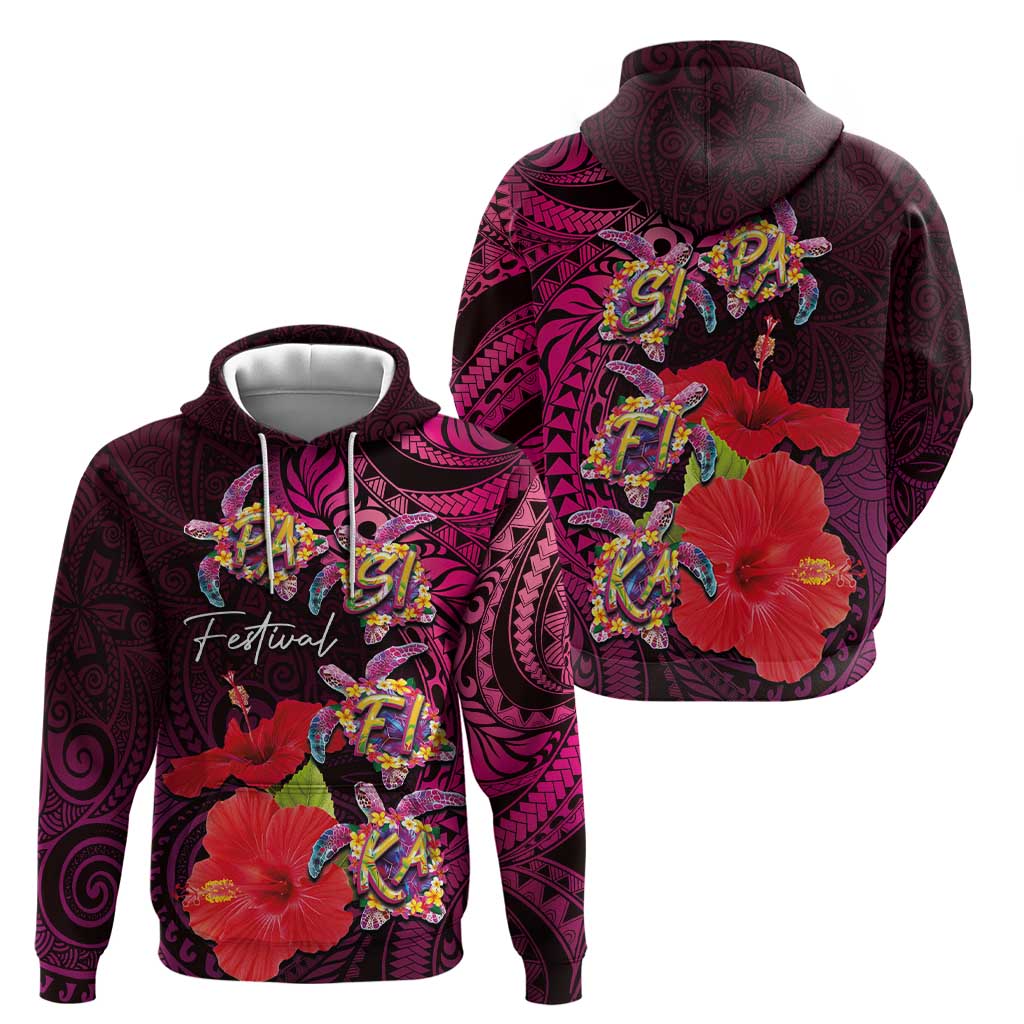 Pasifika Festival Zip Hoodie Plumeria Turtles with Hibiscus - Polynesian Art Tattoo Pink Color LT03 - Polynesian Pride