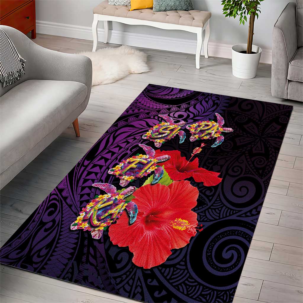 Pasifika Festival Area Rug Plumeria Turtles with Hibiscus - Polynesian Art Tattoo Purple Color LT03 - Polynesian Pride