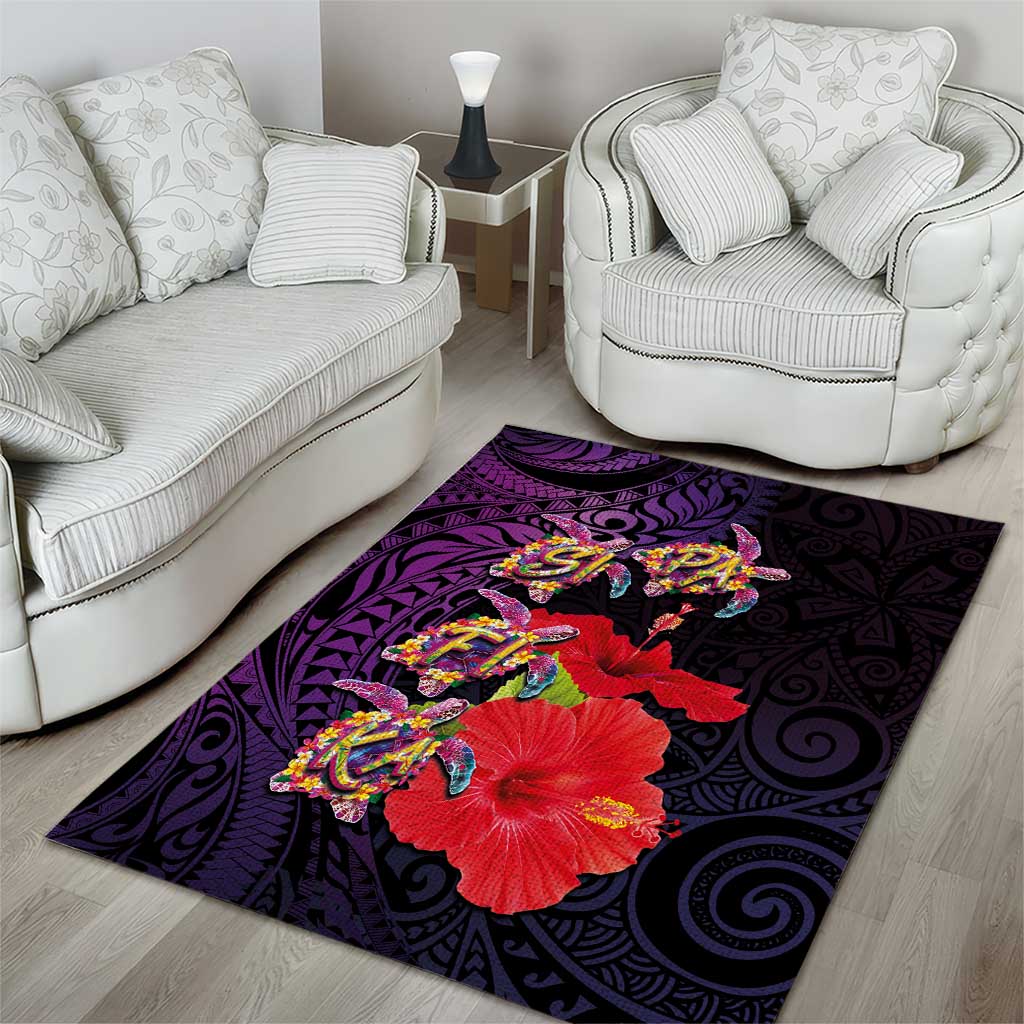 Pasifika Festival Area Rug Plumeria Turtles with Hibiscus - Polynesian Art Tattoo Purple Color LT03 - Polynesian Pride