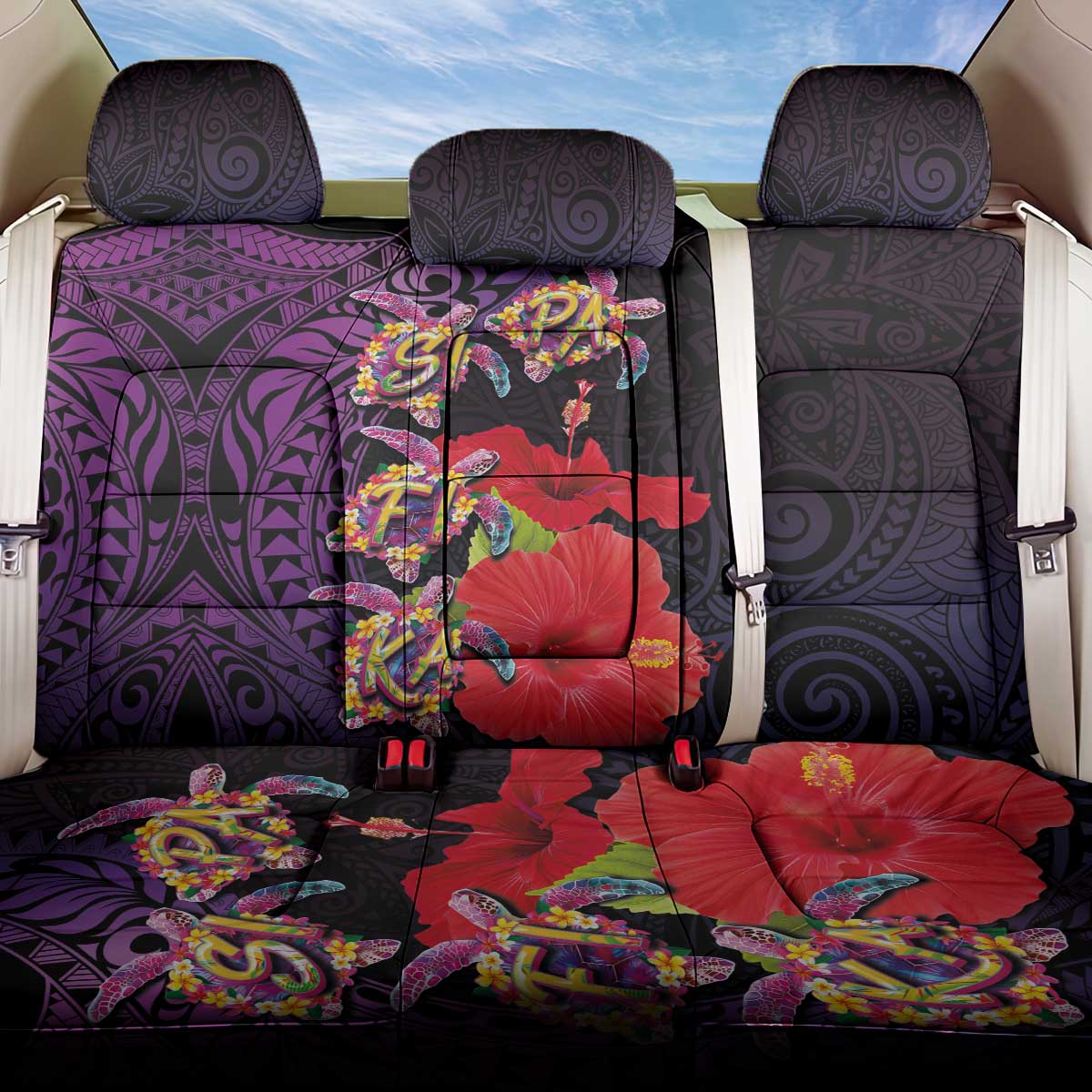 Pasifika Festival Back Car Seat Cover Plumeria Turtles with Hibiscus - Polynesian Art Tattoo Purple Color LT03 One Size Purple - Polynesian Pride