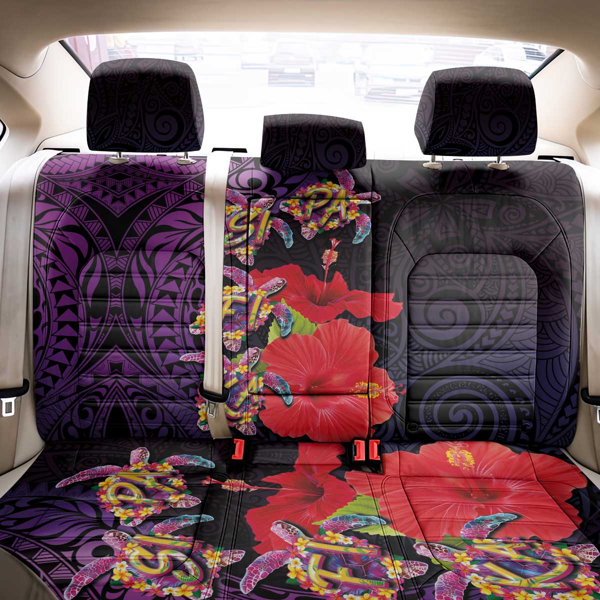 Pasifika Festival Back Car Seat Cover Plumeria Turtles with Hibiscus - Polynesian Art Tattoo Purple Color LT03 - Polynesian Pride