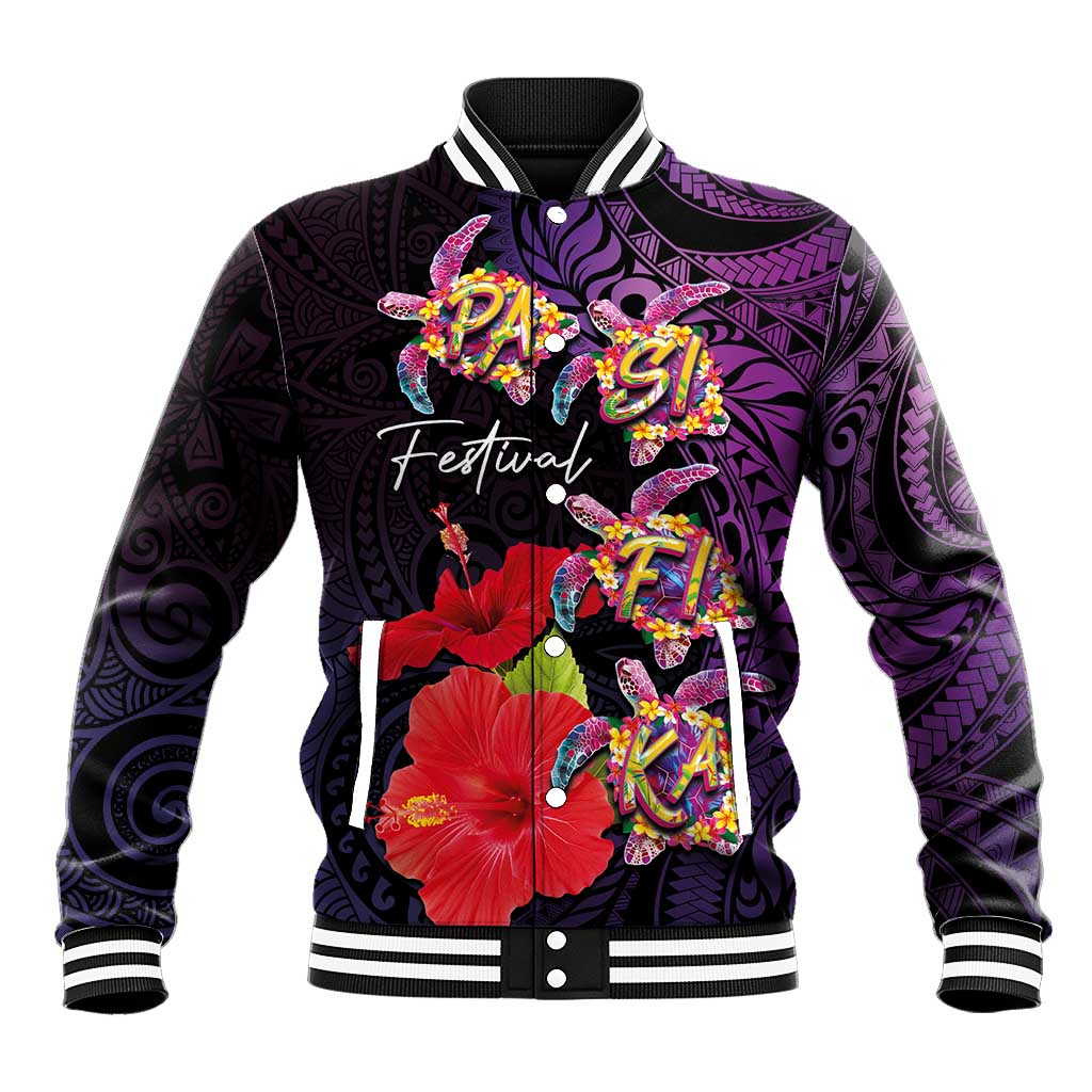 Pasifika Festival Baseball Jacket Plumeria Turtles with Hibiscus - Polynesian Art Tattoo Purple Color LT03 Unisex Purple - Polynesian Pride