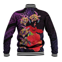 Pasifika Festival Baseball Jacket Plumeria Turtles with Hibiscus - Polynesian Art Tattoo Purple Color LT03 - Polynesian Pride