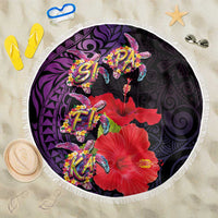 Pasifika Festival Beach Blanket Plumeria Turtles with Hibiscus - Polynesian Art Tattoo Purple Color LT03 One Size 150cm Purple - Polynesian Pride
