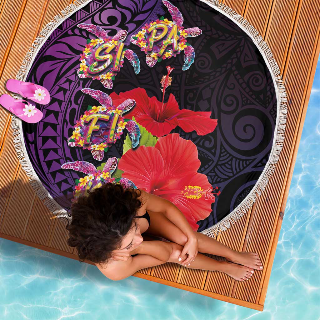 Pasifika Festival Beach Blanket Plumeria Turtles with Hibiscus - Polynesian Art Tattoo Purple Color LT03 - Polynesian Pride