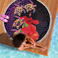Pasifika Festival Beach Blanket Plumeria Turtles with Hibiscus - Polynesian Art Tattoo Purple Color LT03 - Polynesian Pride