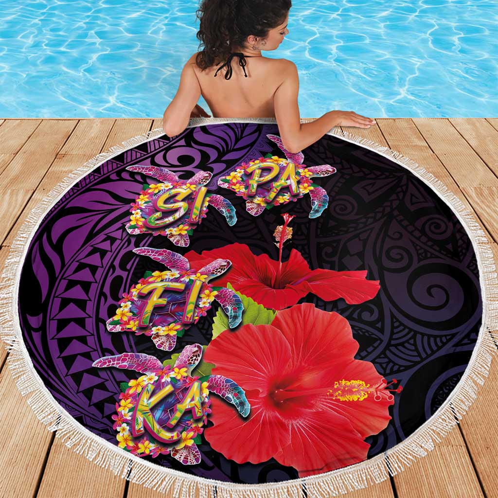 Pasifika Festival Beach Blanket Plumeria Turtles with Hibiscus - Polynesian Art Tattoo Purple Color LT03 - Polynesian Pride