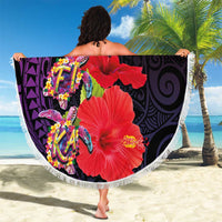 Pasifika Festival Beach Blanket Plumeria Turtles with Hibiscus - Polynesian Art Tattoo Purple Color LT03 - Polynesian Pride