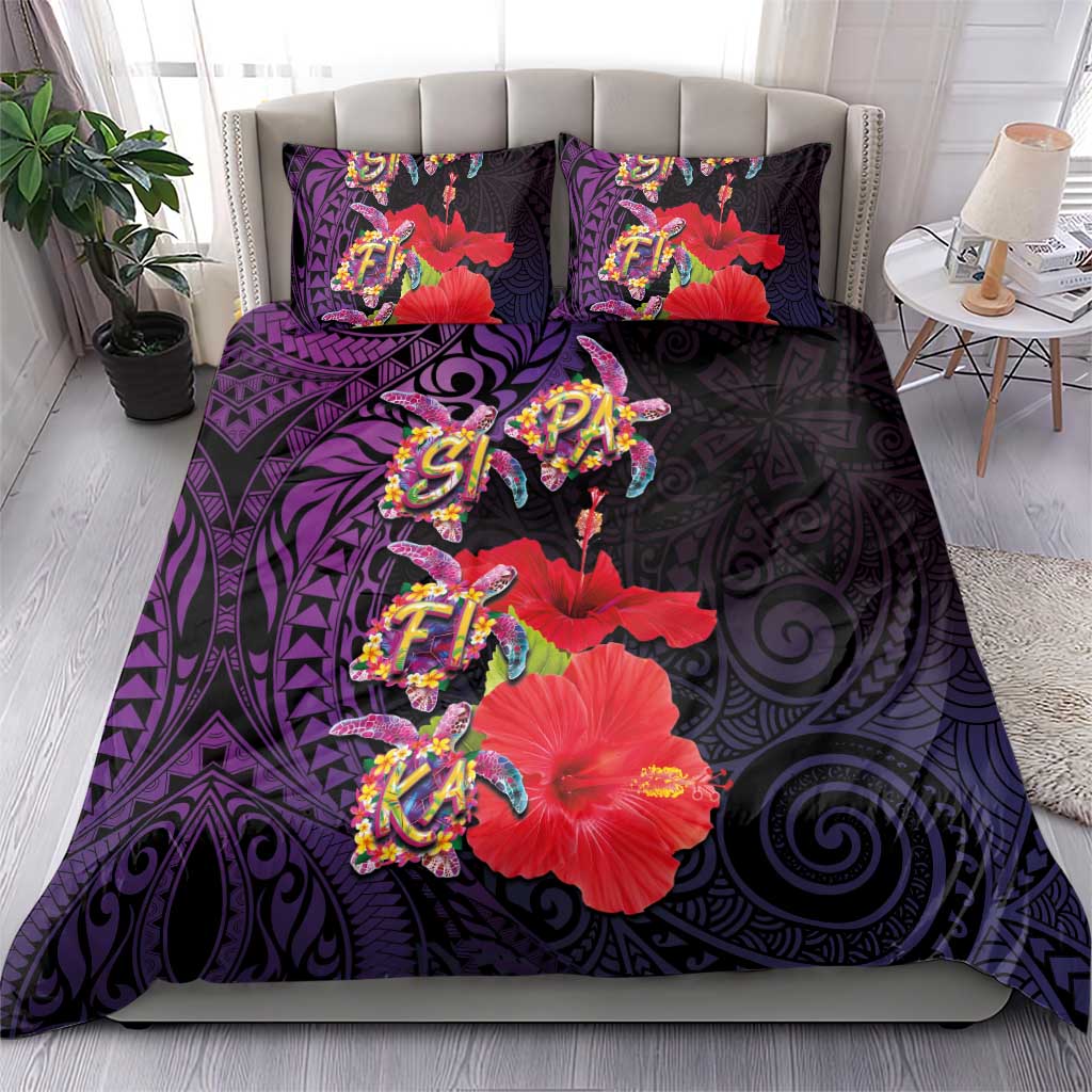 Pasifika Festival Bedding Set Plumeria Turtles with Hibiscus - Polynesian Art Tattoo Purple Color LT03 - Polynesian Pride