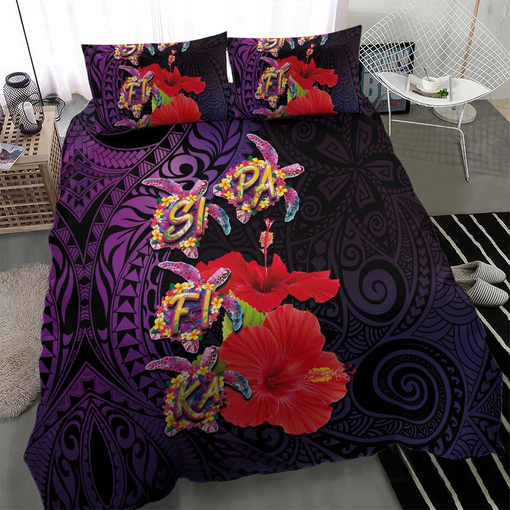 Pasifika Festival Bedding Set Plumeria Turtles with Hibiscus - Polynesian Art Tattoo Purple Color LT03 - Polynesian Pride