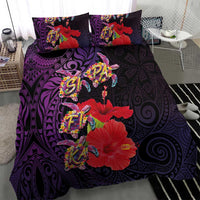 Pasifika Festival Bedding Set Plumeria Turtles with Hibiscus - Polynesian Art Tattoo Purple Color LT03 - Polynesian Pride