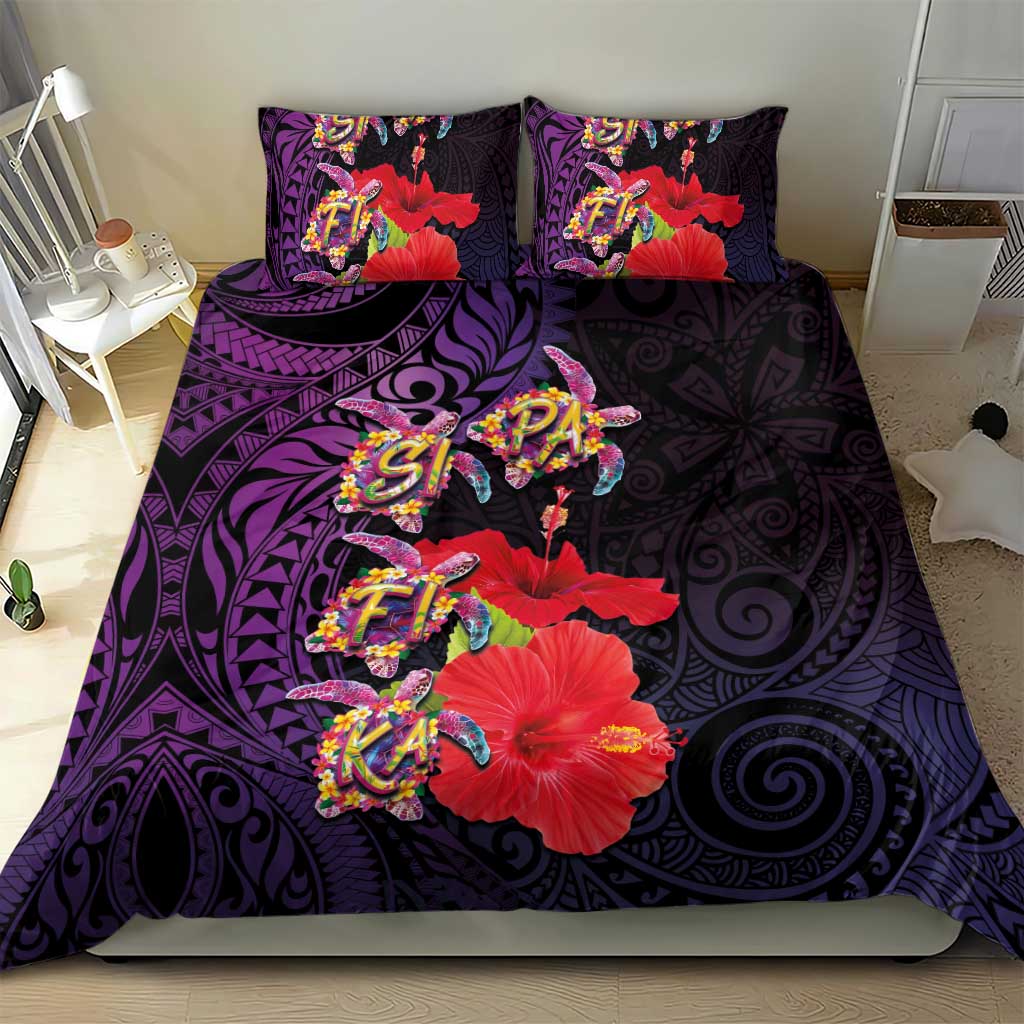 Pasifika Festival Bedding Set Plumeria Turtles with Hibiscus - Polynesian Art Tattoo Purple Color LT03 - Polynesian Pride