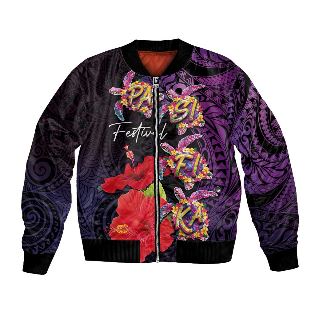 Pasifika Festival Bomber Jacket Plumeria Turtles with Hibiscus - Polynesian Art Tattoo Purple Color LT03 Unisex Purple - Polynesian Pride