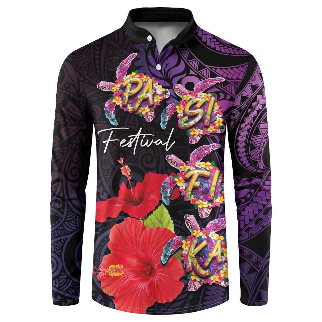 Pasifika Festival Button Sweatshirt Plumeria Turtles with Hibiscus - Polynesian Art Tattoo Purple Color
