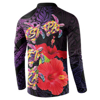 Pasifika Festival Button Sweatshirt Plumeria Turtles with Hibiscus - Polynesian Art Tattoo Purple Color LT03 - Polynesian Pride