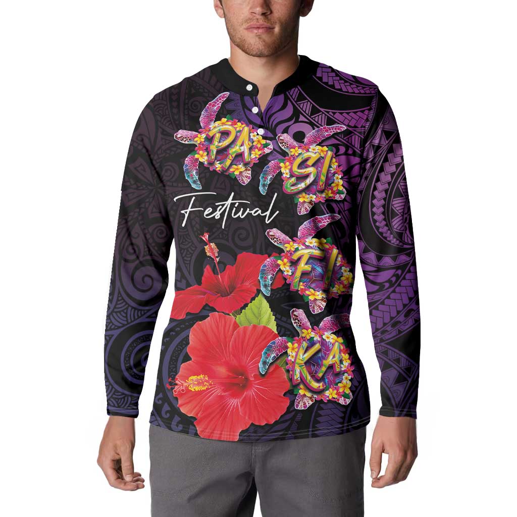 Pasifika Festival Button Sweatshirt Plumeria Turtles with Hibiscus - Polynesian Art Tattoo Purple Color LT03 - Polynesian Pride