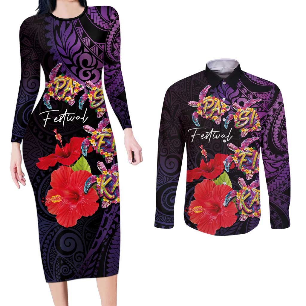 Pasifika Festival Couples Matching Long Sleeve Bodycon Dress and Long Sleeve Button Shirt Plumeria Turtles with Hibiscus - Polynesian Art Tattoo Purple Color LT03 Purple - Polynesian Pride