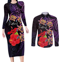Pasifika Festival Couples Matching Long Sleeve Bodycon Dress and Long Sleeve Button Shirt Plumeria Turtles with Hibiscus - Polynesian Art Tattoo Purple Color LT03 Purple - Polynesian Pride