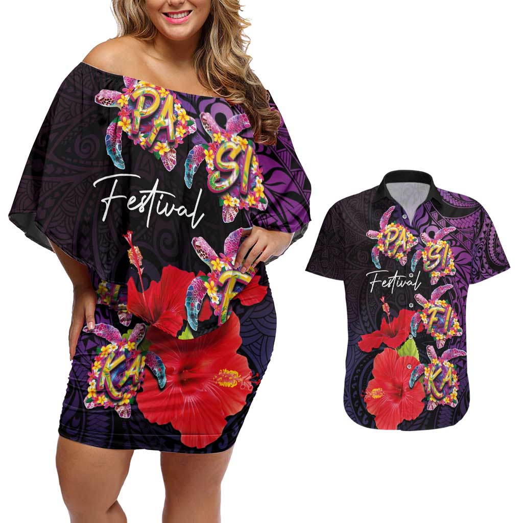 Pasifika Festival Couples Matching Off Shoulder Short Dress and Hawaiian Shirt Plumeria Turtles with Hibiscus - Polynesian Art Tattoo Purple Color LT03 Purple - Polynesian Pride