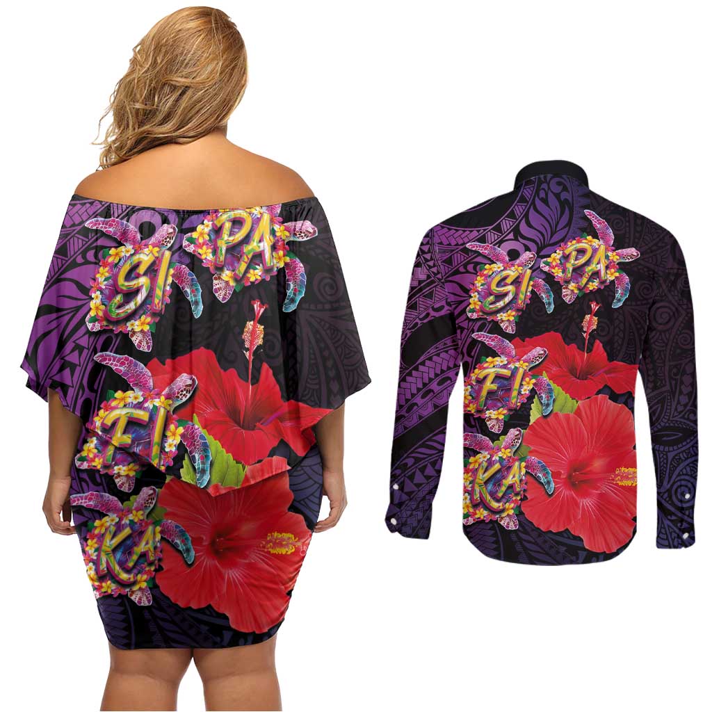 Pasifika Festival Couples Matching Off Shoulder Short Dress and Long Sleeve Button Shirt Plumeria Turtles with Hibiscus - Polynesian Art Tattoo Purple Color LT03 - Polynesian Pride