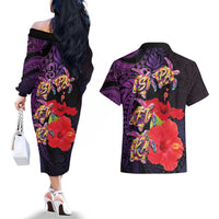 Pasifika Festival Couples Matching Off The Shoulder Long Sleeve Dress and Hawaiian Shirt Plumeria Turtles with Hibiscus - Polynesian Art Tattoo Purple Color LT03 - Polynesian Pride