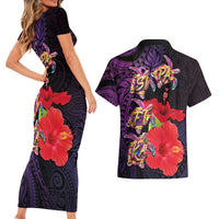Pasifika Festival Couples Matching Short Sleeve Bodycon Dress and Hawaiian Shirt Plumeria Turtles with Hibiscus - Polynesian Art Tattoo Purple Color LT03 - Polynesian Pride