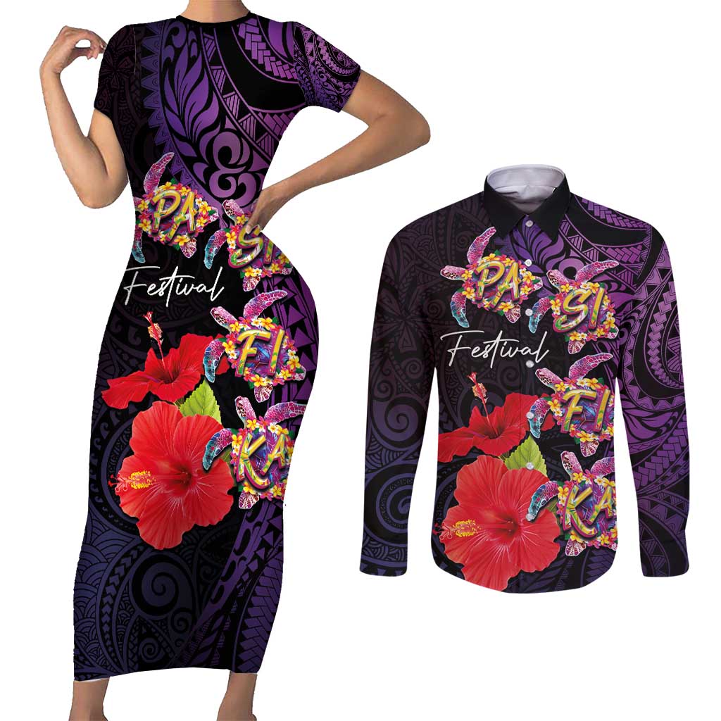 Pasifika Festival Couples Matching Short Sleeve Bodycon Dress and Long Sleeve Button Shirt Plumeria Turtles with Hibiscus - Polynesian Art Tattoo Purple Color LT03 Purple - Polynesian Pride
